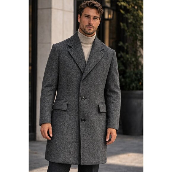 Hart Schaffner Marx Saxony Wool Herringbone Overcoat Mens L Gray Classic Coat